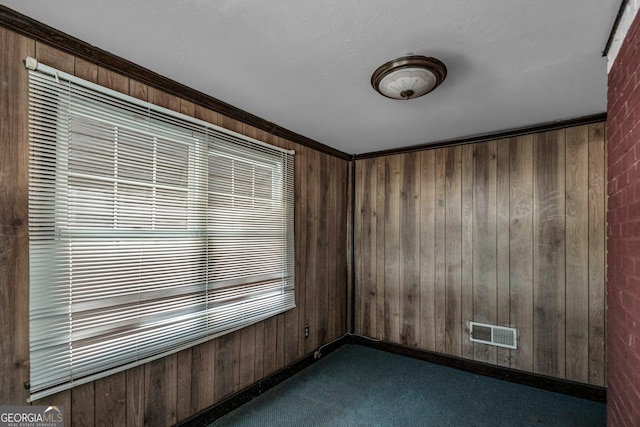 empty room featuring dark carpet and wood walls