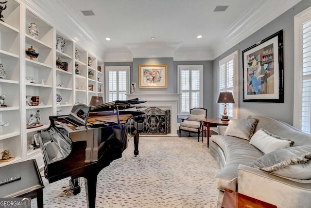 living area with ornamental molding and carpet floors