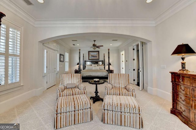 carpeted bedroom with crown molding