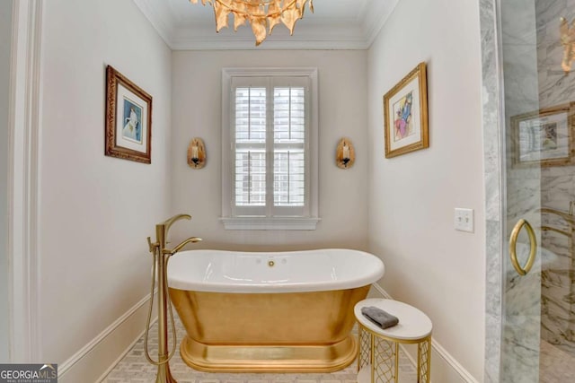 bathroom with ornamental molding and plus walk in shower