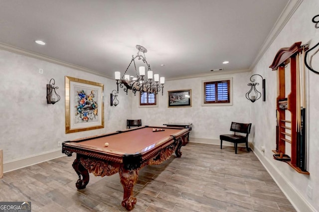 rec room featuring crown molding, hardwood / wood-style flooring, and billiards