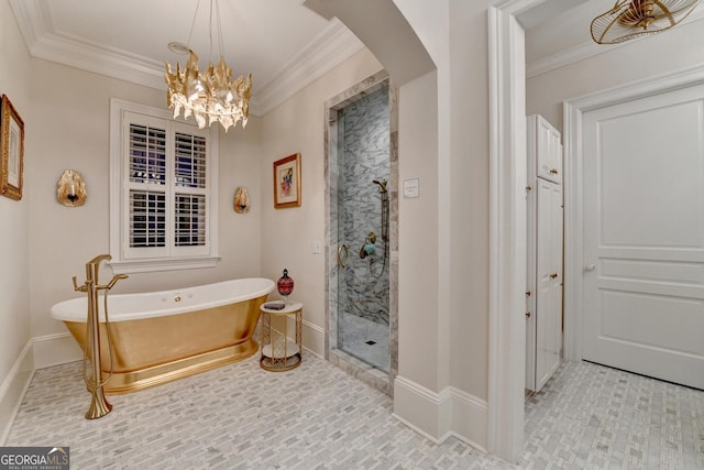 bathroom with ornamental molding, separate shower and tub, and a chandelier