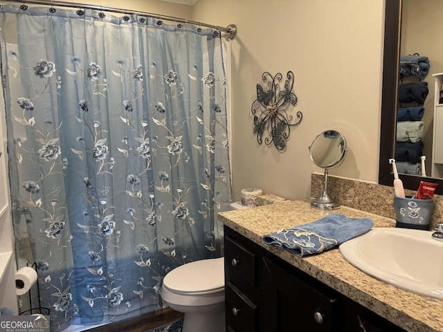 bathroom featuring vanity, curtained shower, and toilet