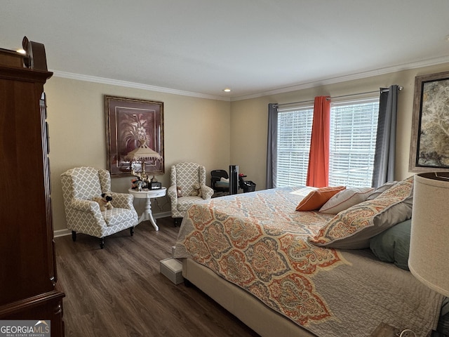 bedroom featuring dark wood-type flooring and ornamental molding