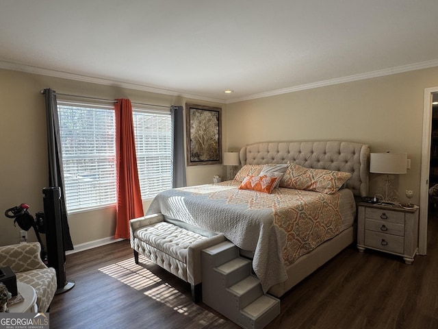 bedroom featuring ornamental molding and dark wood-type flooring