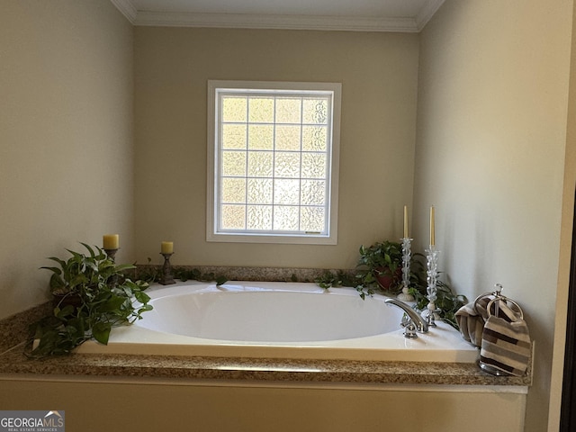 bathroom featuring a bath and ornamental molding