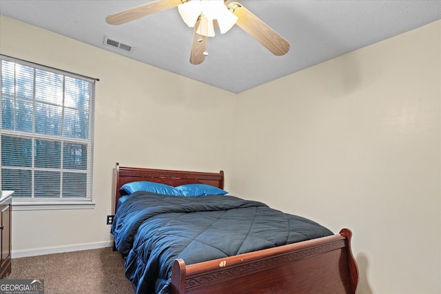 bedroom featuring carpet flooring and ceiling fan