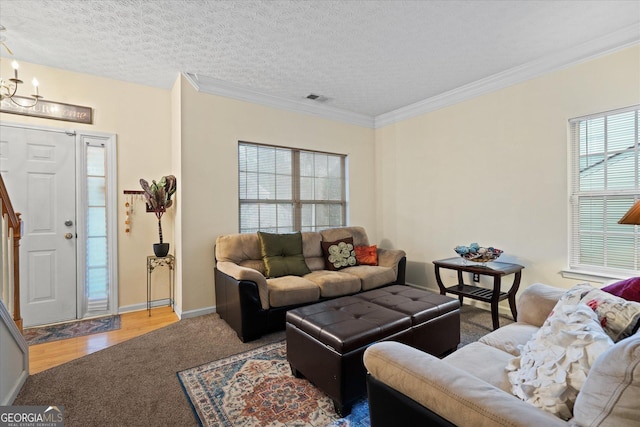 living room with an inviting chandelier, ornamental molding, and a textured ceiling