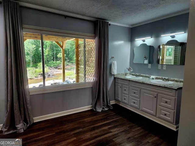 bathroom with wood-type flooring, ornamental molding, vanity, and a textured ceiling