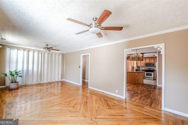 unfurnished living room featuring light parquet floors, ceiling fan with notable chandelier, ornamental molding, and a textured ceiling