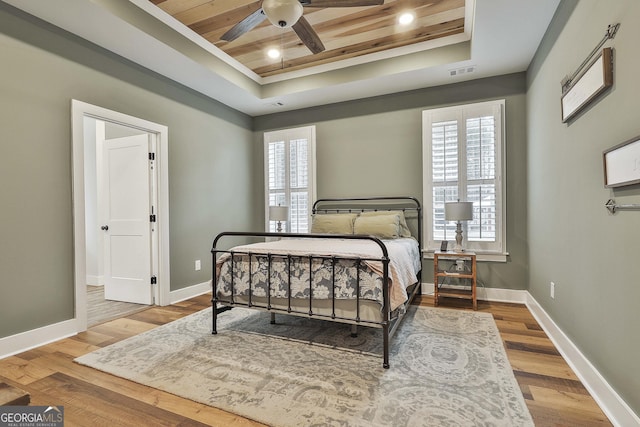 bedroom featuring hardwood / wood-style flooring, wood ceiling, and a tray ceiling