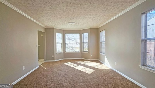 carpeted spare room with crown molding, a healthy amount of sunlight, and a textured ceiling