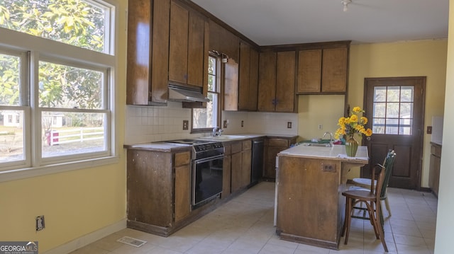 kitchen with a kitchen island with sink, sink, decorative backsplash, and electric range