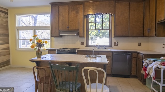 kitchen featuring sink, crown molding, dishwasher, stove, and tile counters