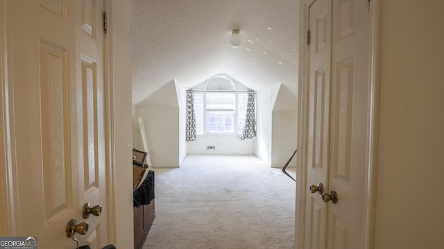 interior space with lofted ceiling, light colored carpet, and a textured ceiling