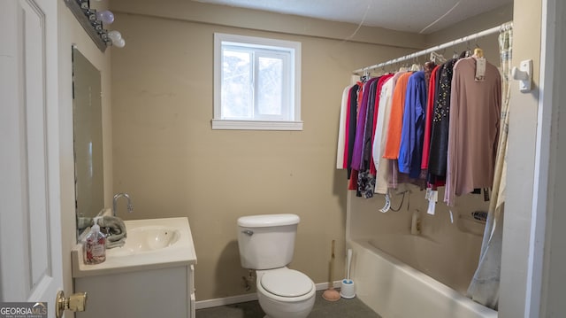 full bathroom featuring vanity, shower / bath combination with curtain, and toilet