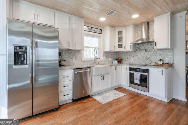 kitchen with white cabinetry, wood ceiling, stainless steel appliances, and wall chimney exhaust hood