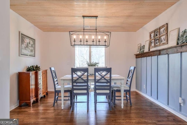 dining area with an inviting chandelier, wood ceiling, and dark hardwood / wood-style floors