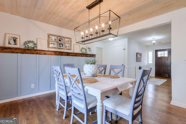 dining area with dark wood-type flooring and wood ceiling