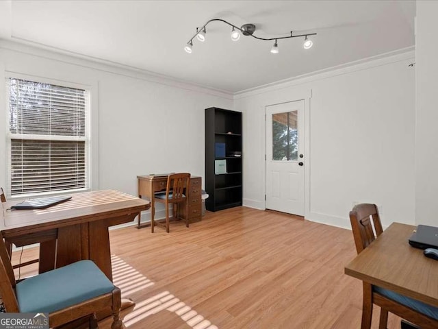 home office featuring ornamental molding and light wood-type flooring