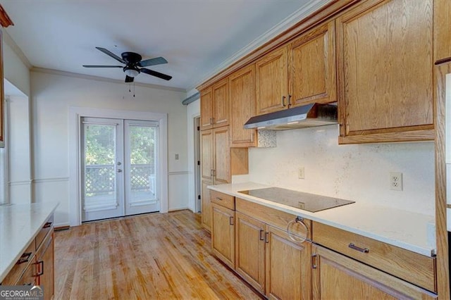 kitchen with ornamental molding, black electric cooktop, decorative backsplash, french doors, and light wood-type flooring