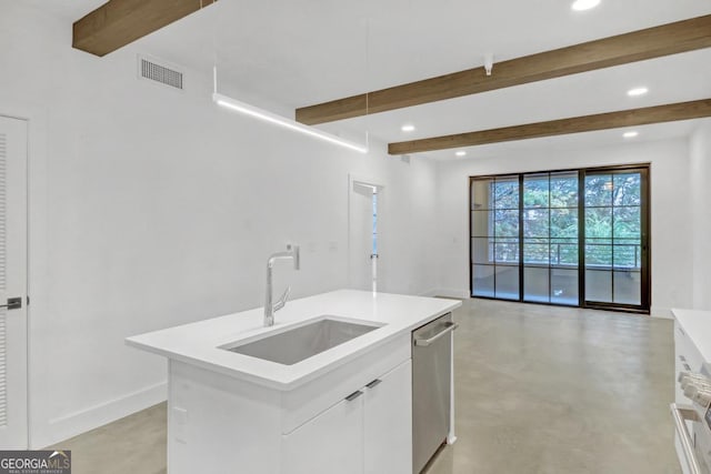 kitchen with beamed ceiling, an island with sink, sink, white cabinets, and stainless steel dishwasher