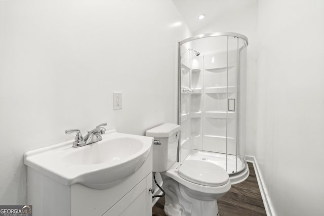 bathroom with vanity, hardwood / wood-style floors, toilet, and walk in shower