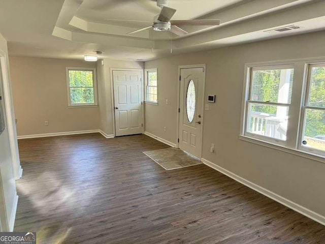 foyer with ceiling fan, dark hardwood / wood-style flooring, and a raised ceiling