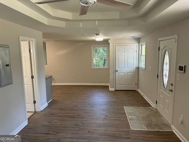 foyer entrance featuring dark wood-type flooring, electric panel, a raised ceiling, and ceiling fan