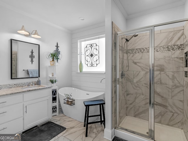 bathroom featuring crown molding, shower with separate bathtub, and vanity