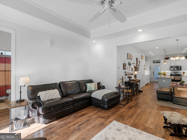 living room featuring hardwood / wood-style flooring, ornamental molding, a tray ceiling, and plenty of natural light