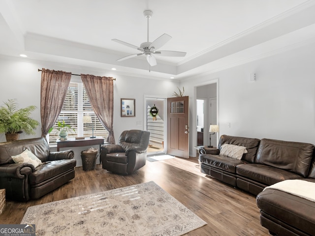 living room with crown molding, ceiling fan, a raised ceiling, and hardwood / wood-style floors