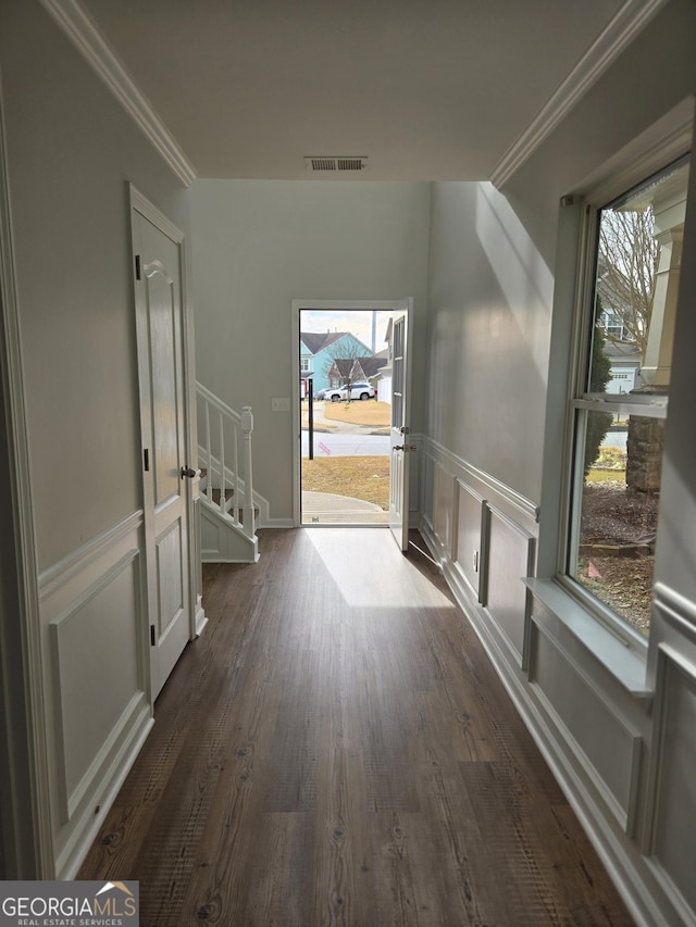 interior space featuring dark hardwood / wood-style flooring, a wealth of natural light, and ornamental molding