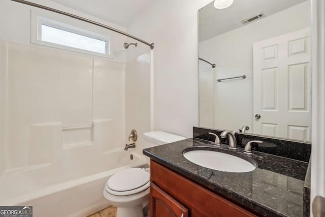 full bathroom with vanity, shower / bathtub combination, and toilet