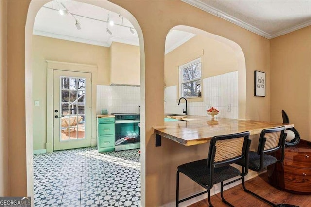 bar with crown molding, range, sink, and tasteful backsplash