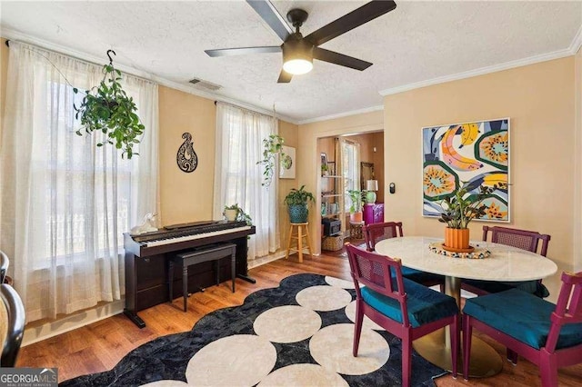 dining space featuring ceiling fan, ornamental molding, wood-type flooring, and a textured ceiling