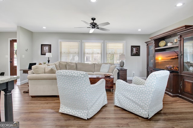 living room with ceiling fan and hardwood / wood-style floors