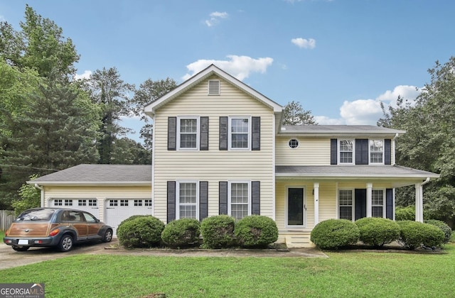 view of front of home with a garage, covered porch, and a front lawn