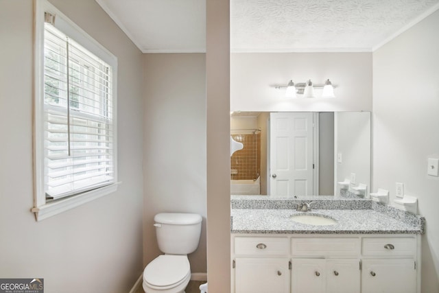 full bathroom featuring vanity, a textured ceiling, shower / bathtub combination, and toilet