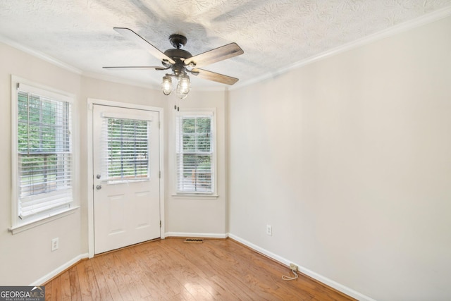 doorway with ceiling fan, ornamental molding, a textured ceiling, and light wood-type flooring