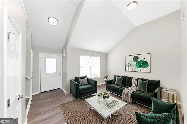 living room with lofted ceiling and hardwood / wood-style floors