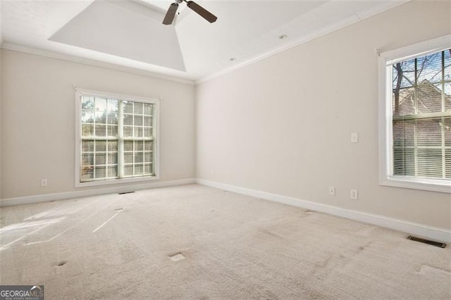 empty room featuring ceiling fan, ornamental molding, and carpet floors