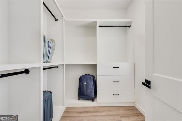 walk in closet with light hardwood / wood-style flooring