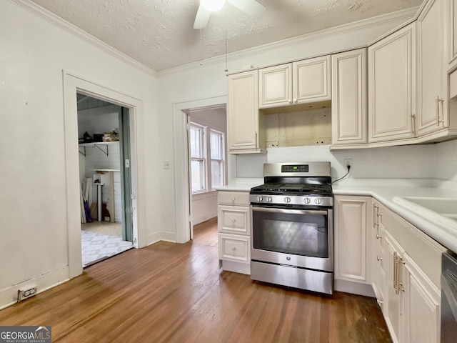 kitchen with ceiling fan, dark hardwood / wood-style floors, a textured ceiling, and appliances with stainless steel finishes