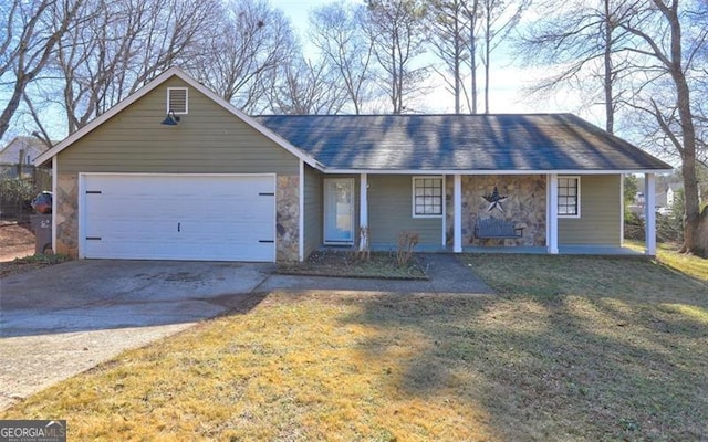 ranch-style house with a garage, a front yard, and a porch