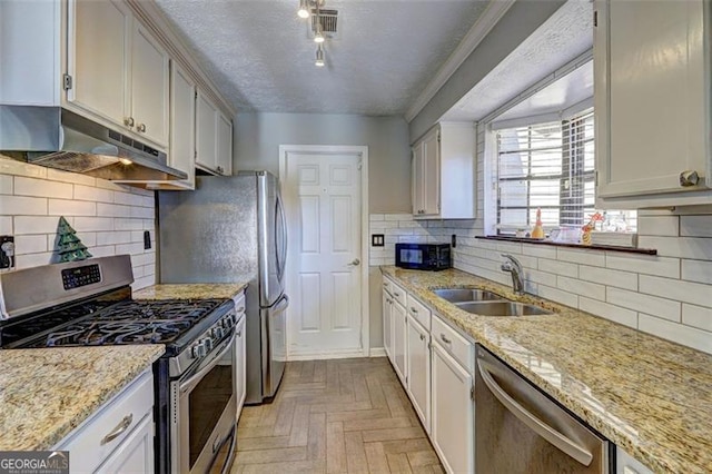 kitchen with white cabinetry, appliances with stainless steel finishes, sink, and light parquet floors