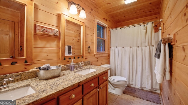 bathroom with wooden walls, wooden ceiling, vanity, toilet, and tile patterned floors