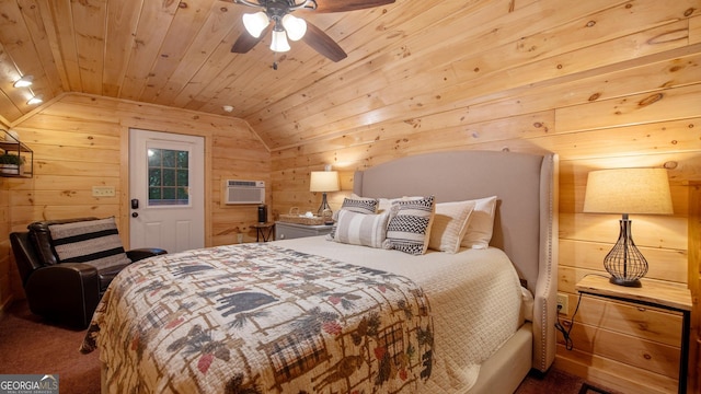 bedroom featuring wooden walls, wooden ceiling, an AC wall unit, and vaulted ceiling