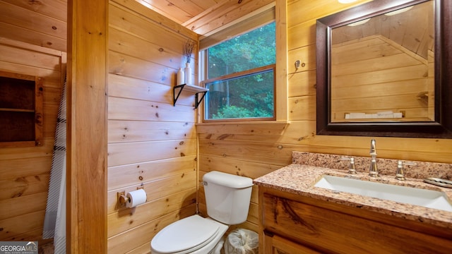 bathroom featuring vanity, toilet, and wood walls