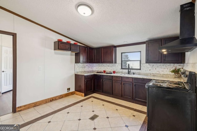 kitchen featuring extractor fan, vaulted ceiling, black electric range oven, sink, and decorative backsplash